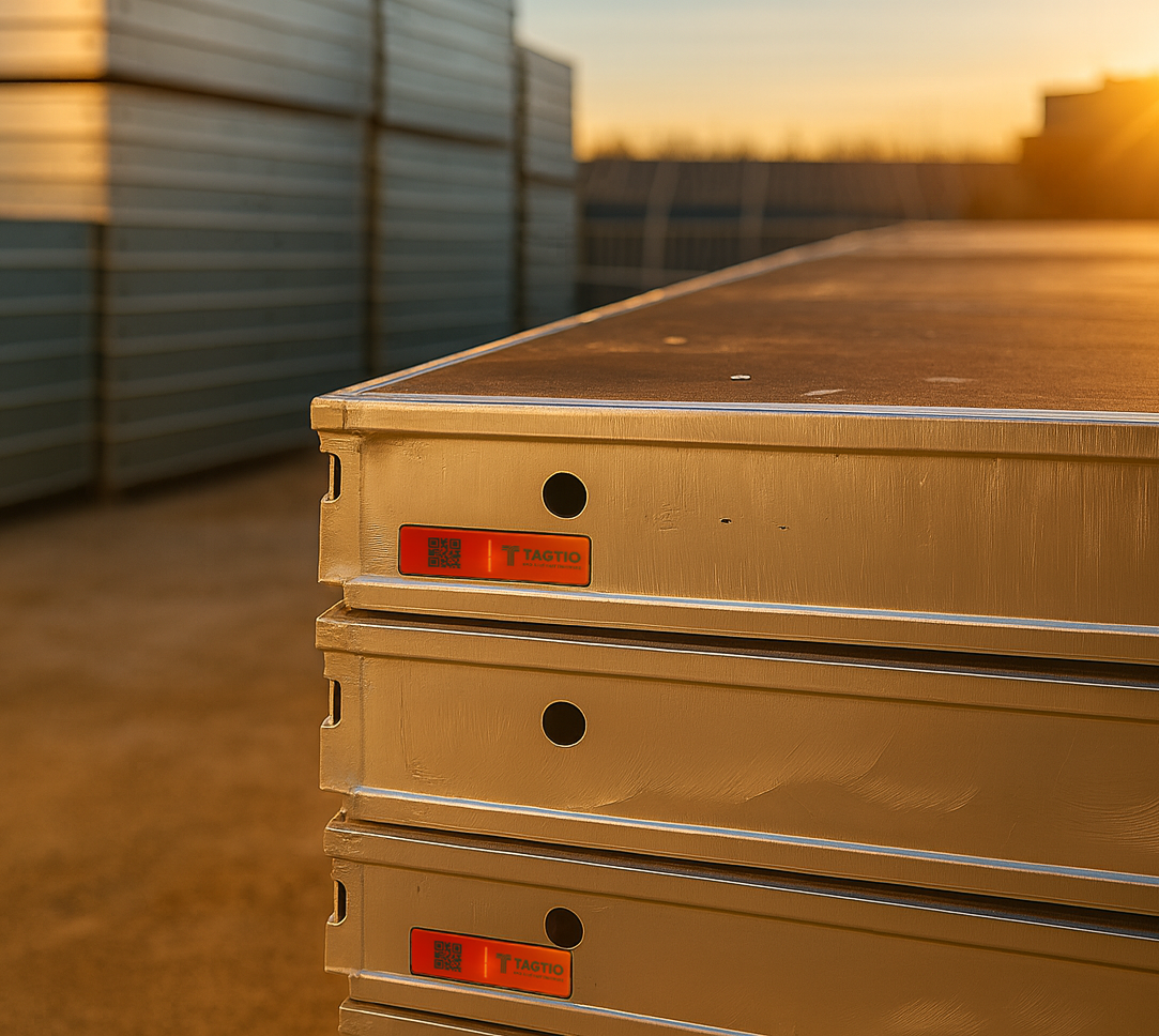 Primer plano de encofrados metálicos reutilizables con etiquetas de identificación, ejemplo de activos críticos en construcción que requieren trazabilidad y mantenimiento GMAO