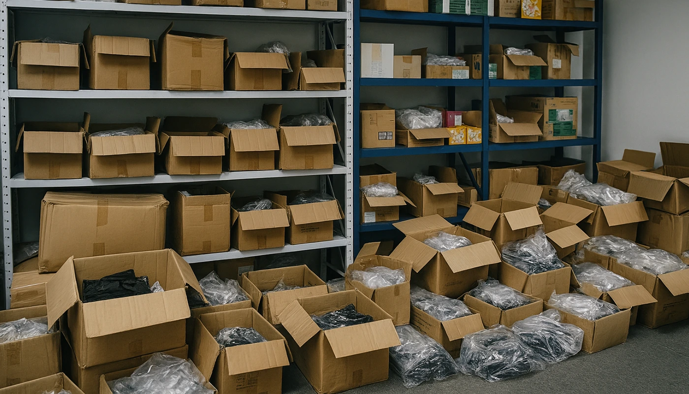 Almacén con cajas abiertas y productos falsificados, ejemplo del impacto de las falsificaciones de marcas en distintos sectores