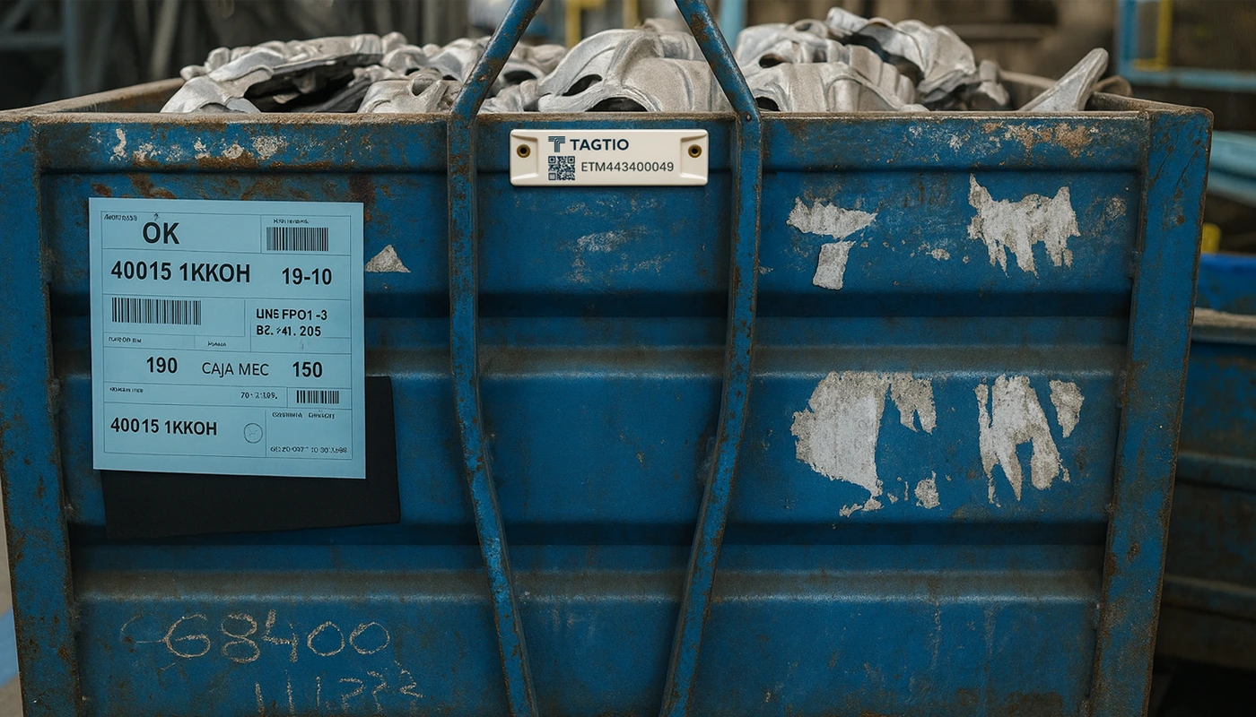 Etiquetas RFID Zebra para gestión de activos: tag encapsulado on-metal fijado a contenedor metálico (RFID: identificación por radiofrecuencia, UHF: ultra alta frecuencia)