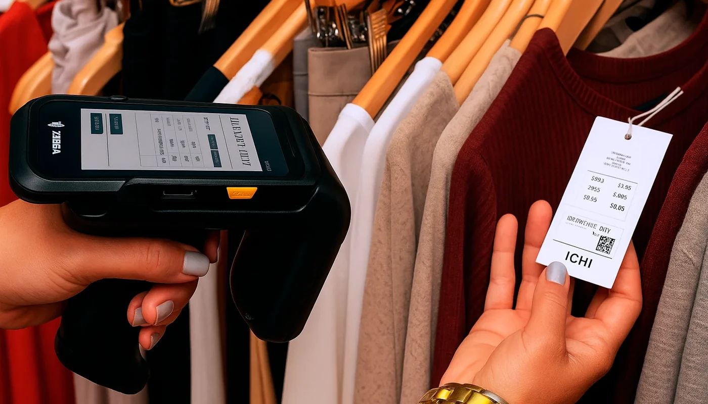 Terminal RFID Zebra de mano leyendo etiqueta en tienda retail para inventario