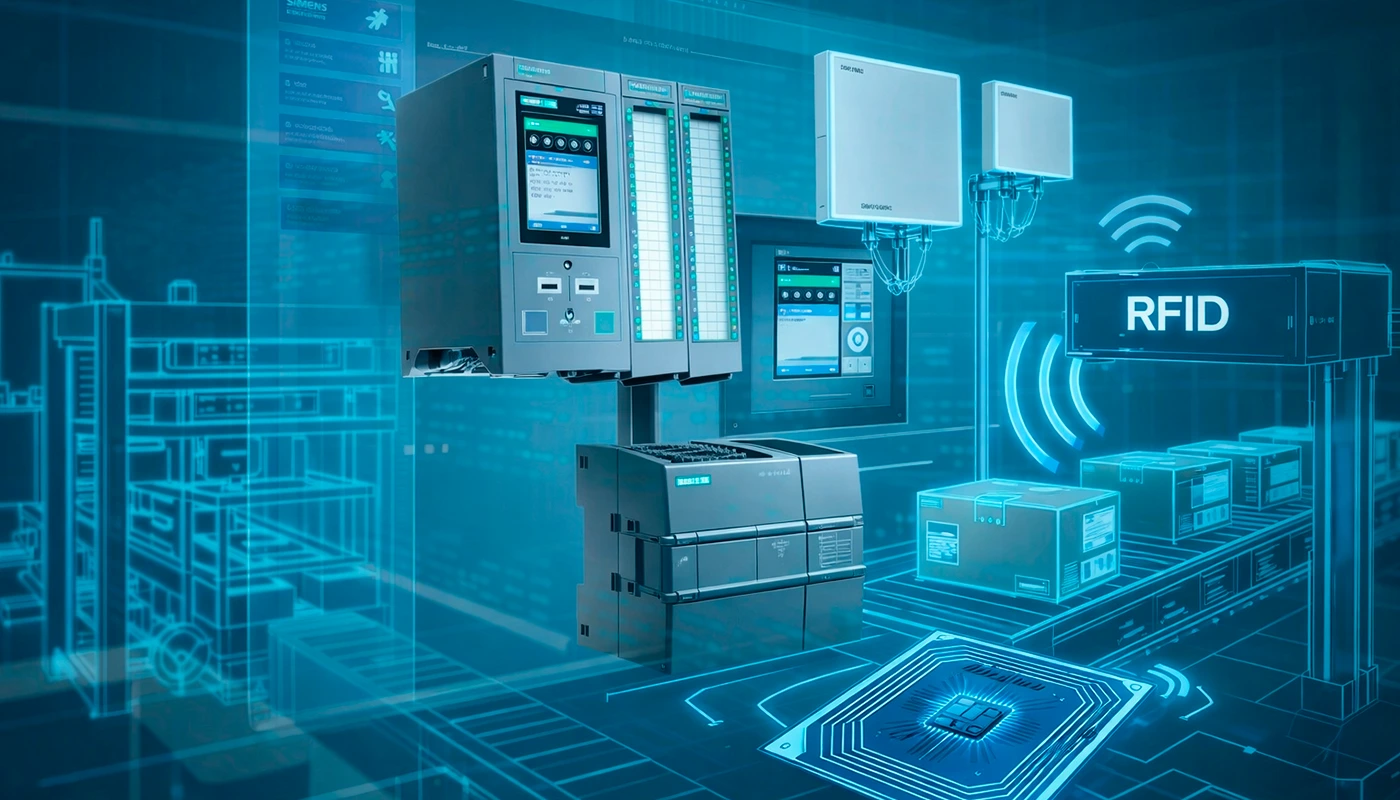 Ilustraci&oacute;n de automatizaci&oacute;n y control industrial con PLC y lectura RFID en entorno de producci&oacute;n