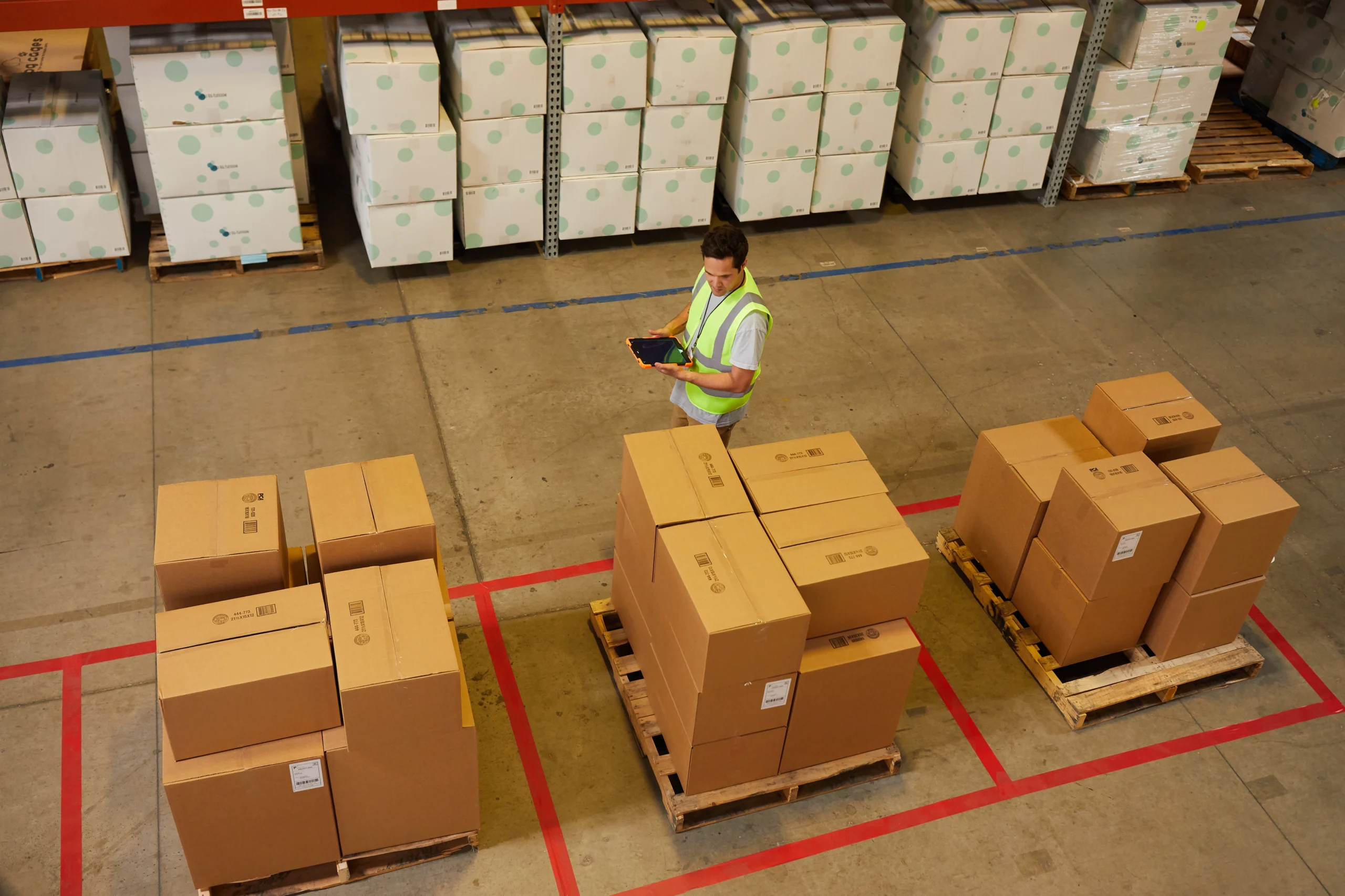 Control de inventario de palets en almacén con operario y tablet