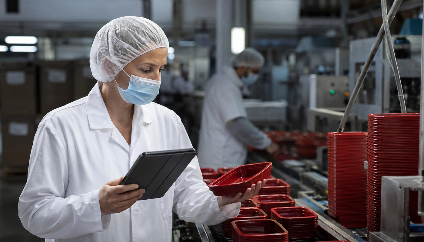 Control de calidad en procesos industriales con inspectora revisando producto y datos en planta
