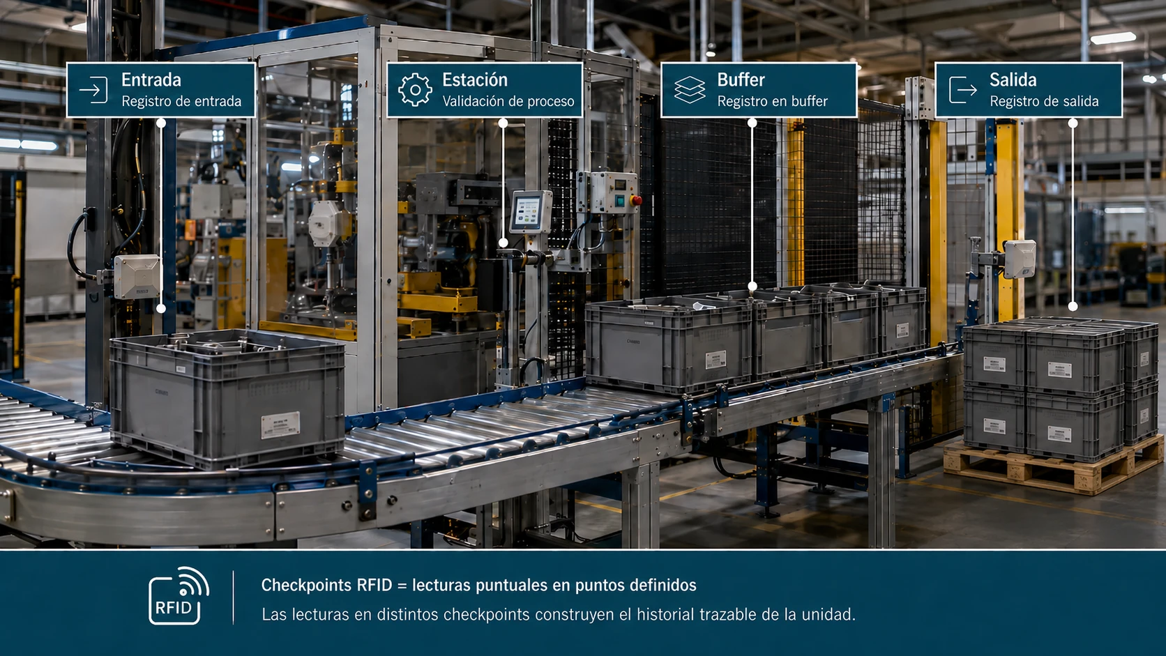 Puntos de lectura RFID en una línea de producción.